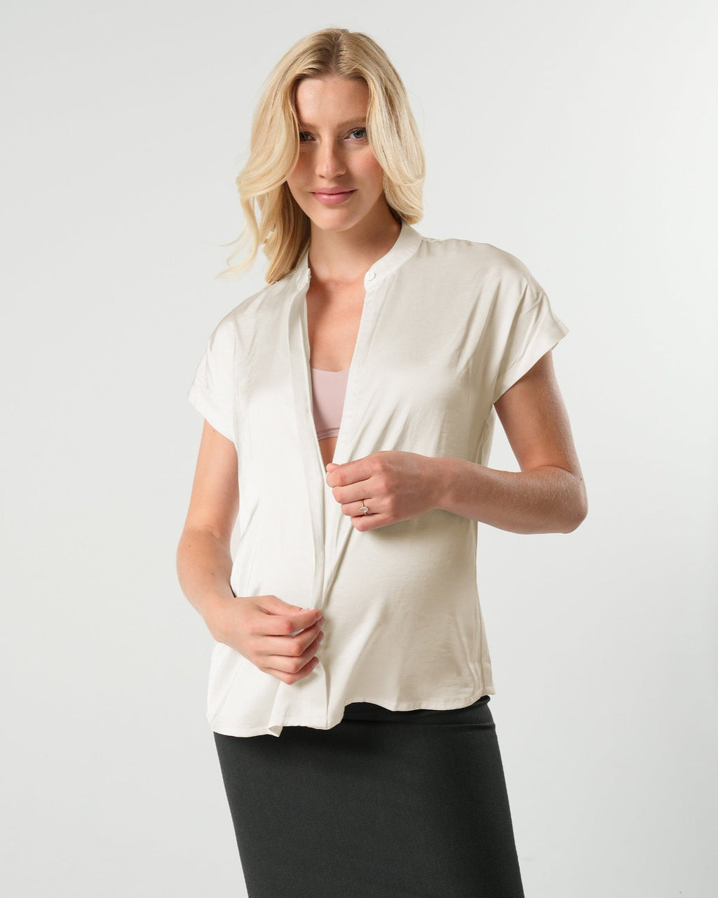 Short Sleeve Satin Maternity Shell Top with Concealed Nursing Zip in - Maternity Top photo