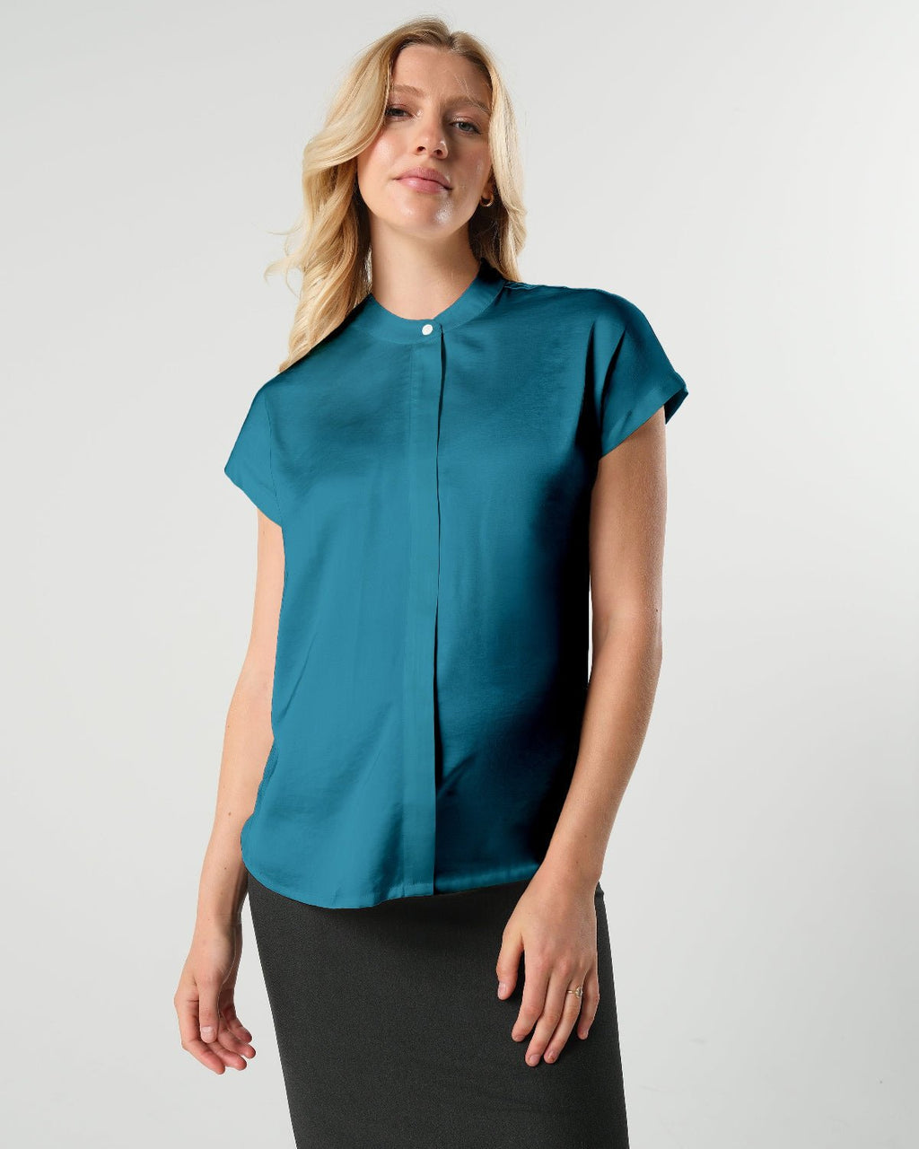 Short Sleeve Satin Maternity Shell Top with Concealed Nursing Zip in Peacock - Maternity Top photo
