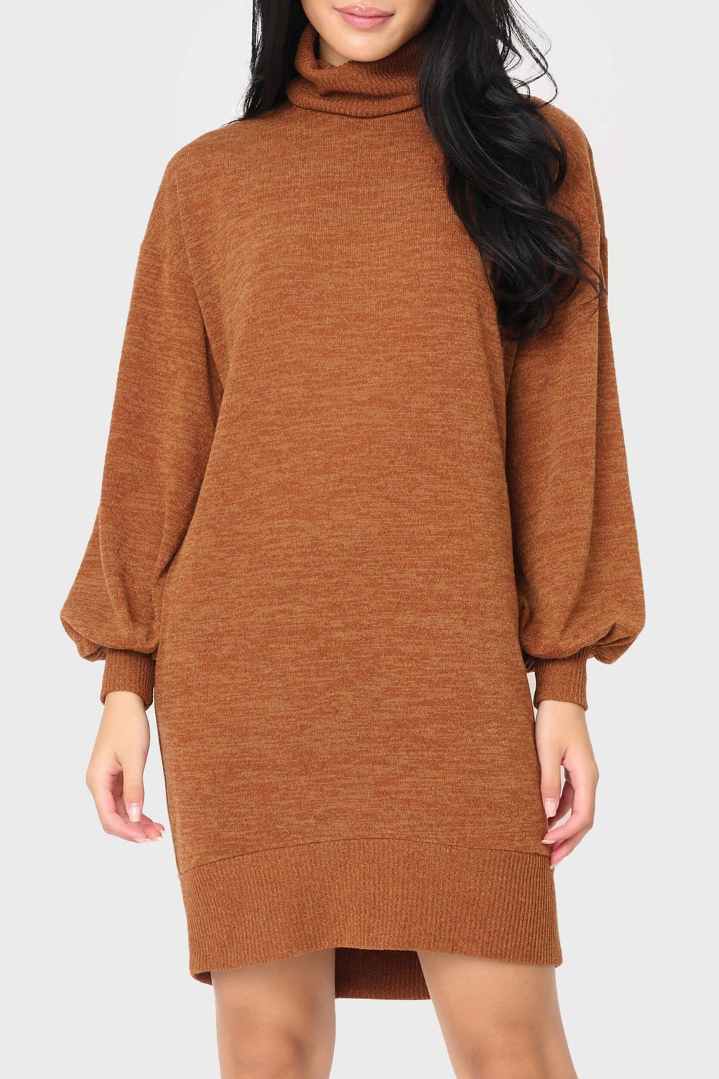 Blouson Sleeve Turtleneck Sweater Dress in Saddle Brown - 50, DRESSES, 502, SALE photo