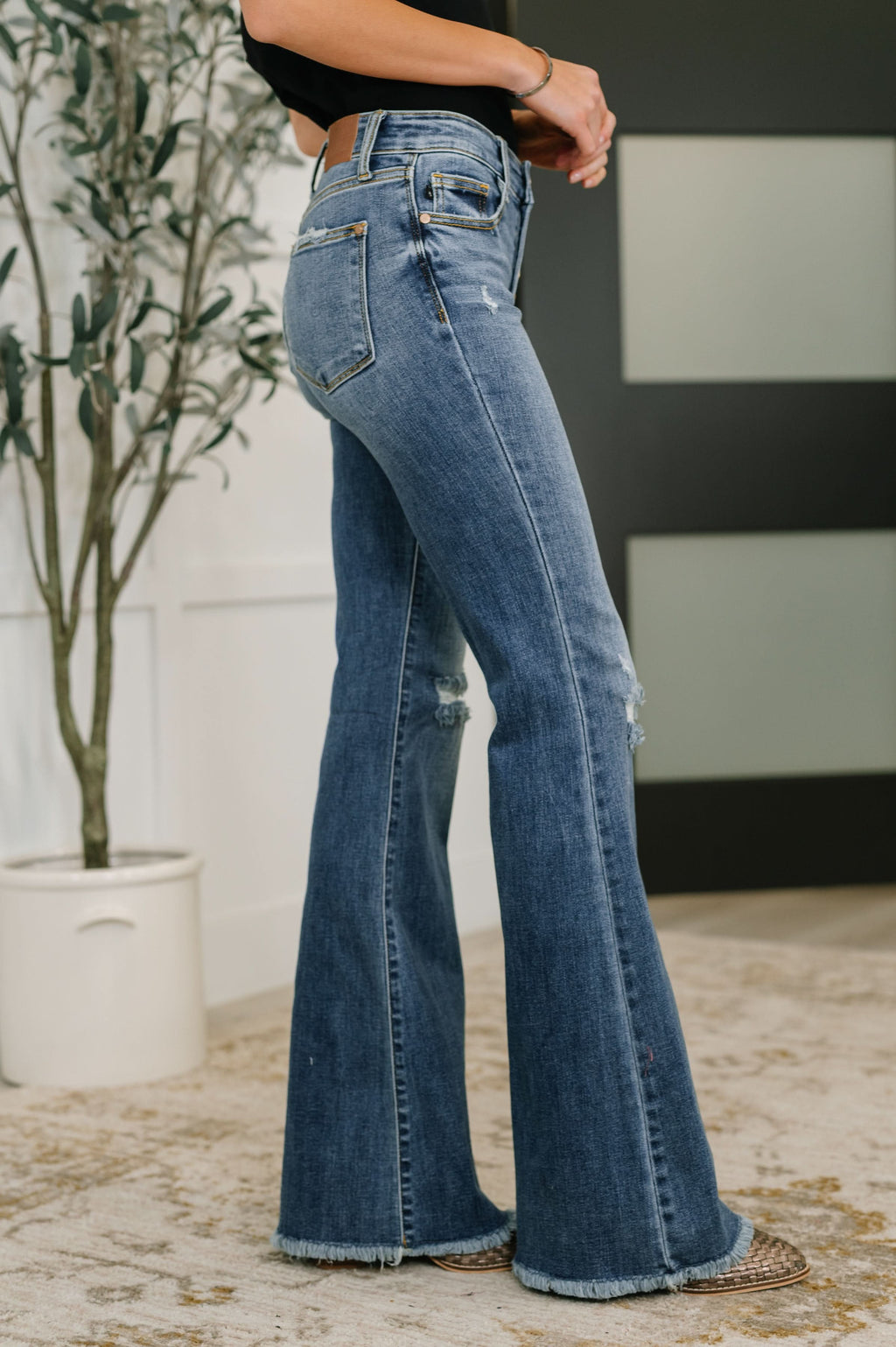 Marion Mid Rise Button Fly Flare with Destroy Fray Hem in - Womens photo