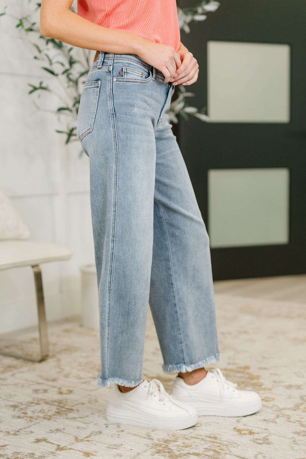Judy Blue Mary Mid Rise Ankle Wide Leg + Hollywood WB + Fray Hem in - Womens photo