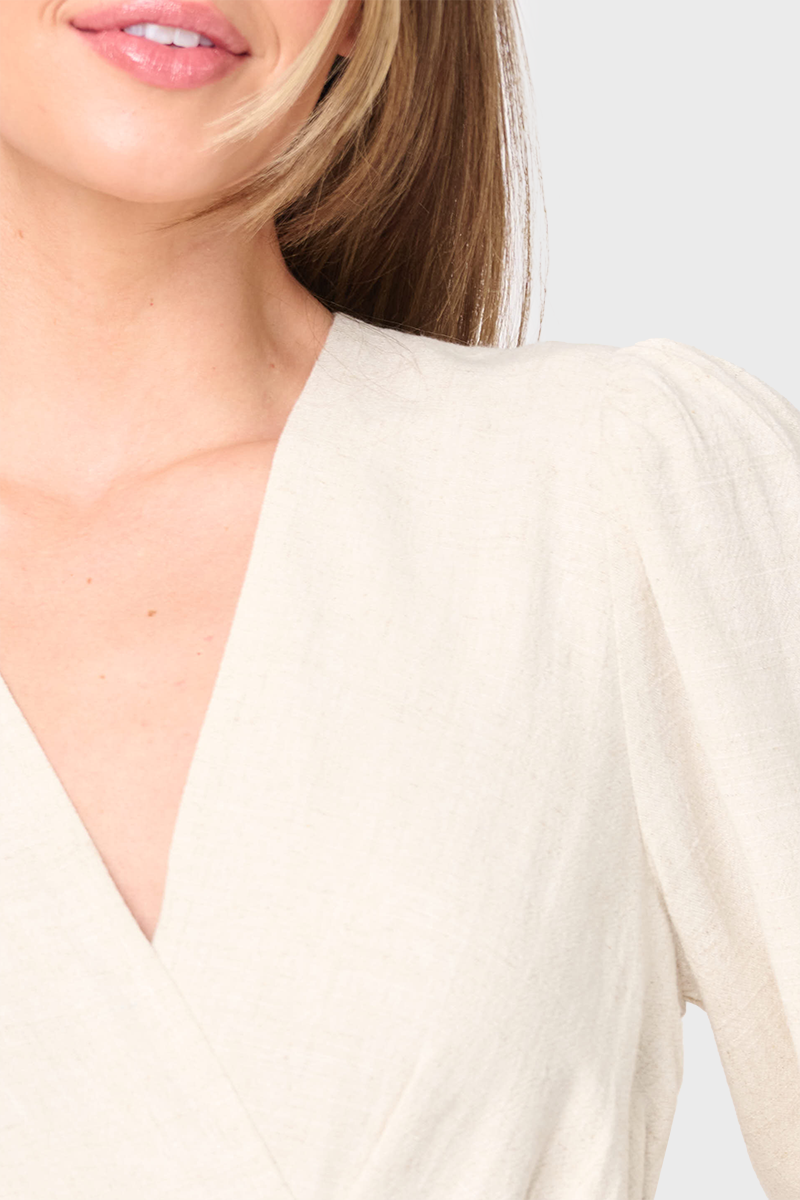 Blouson Sleeve Wrap Linen Dress in - 50, DRESSES, 502, SALE photo