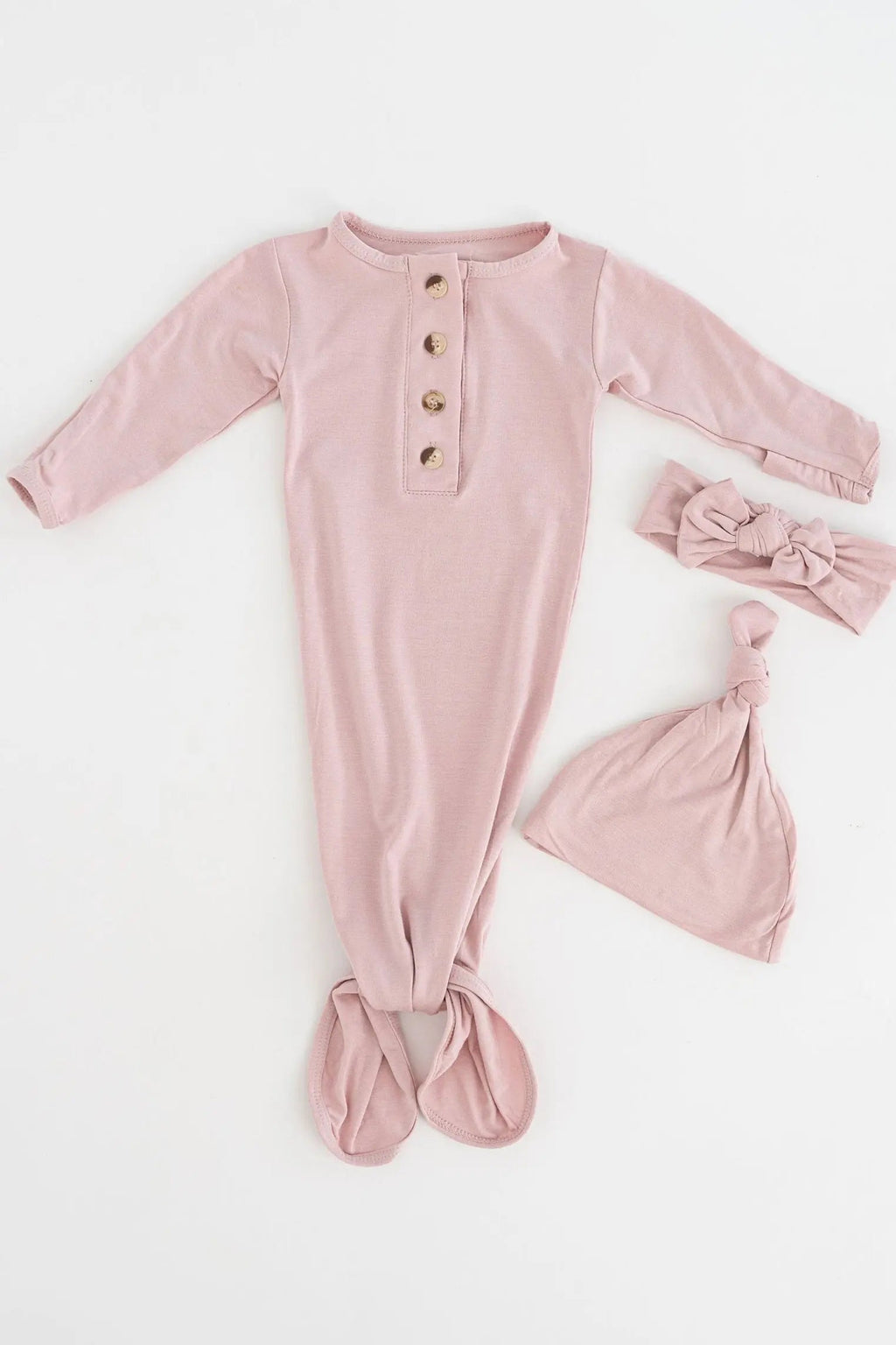 Knotted Baby Gown, Hat, Headband Set – Newborn Baby Girl Outfit - Dusty Rose in - Newborn Knotted Baby Gown Sets photo