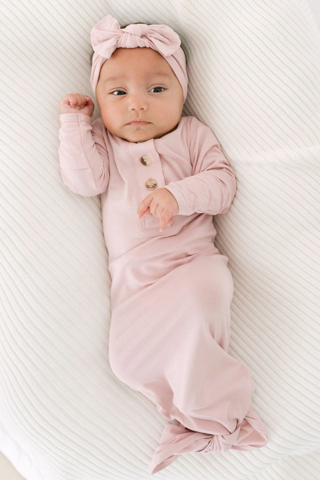 Knotted Baby Gown, Hat, Headband Set – Newborn Baby Girl Outfit - Dusty Rose in - Newborn Knotted Baby Gown Sets photo
