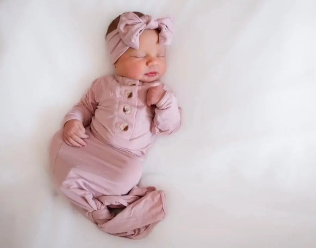 Knotted Baby Gown, Hat, Headband Set – Newborn Baby Girl Outfit - Dusty Rose in - Newborn Knotted Baby Gown Sets photo