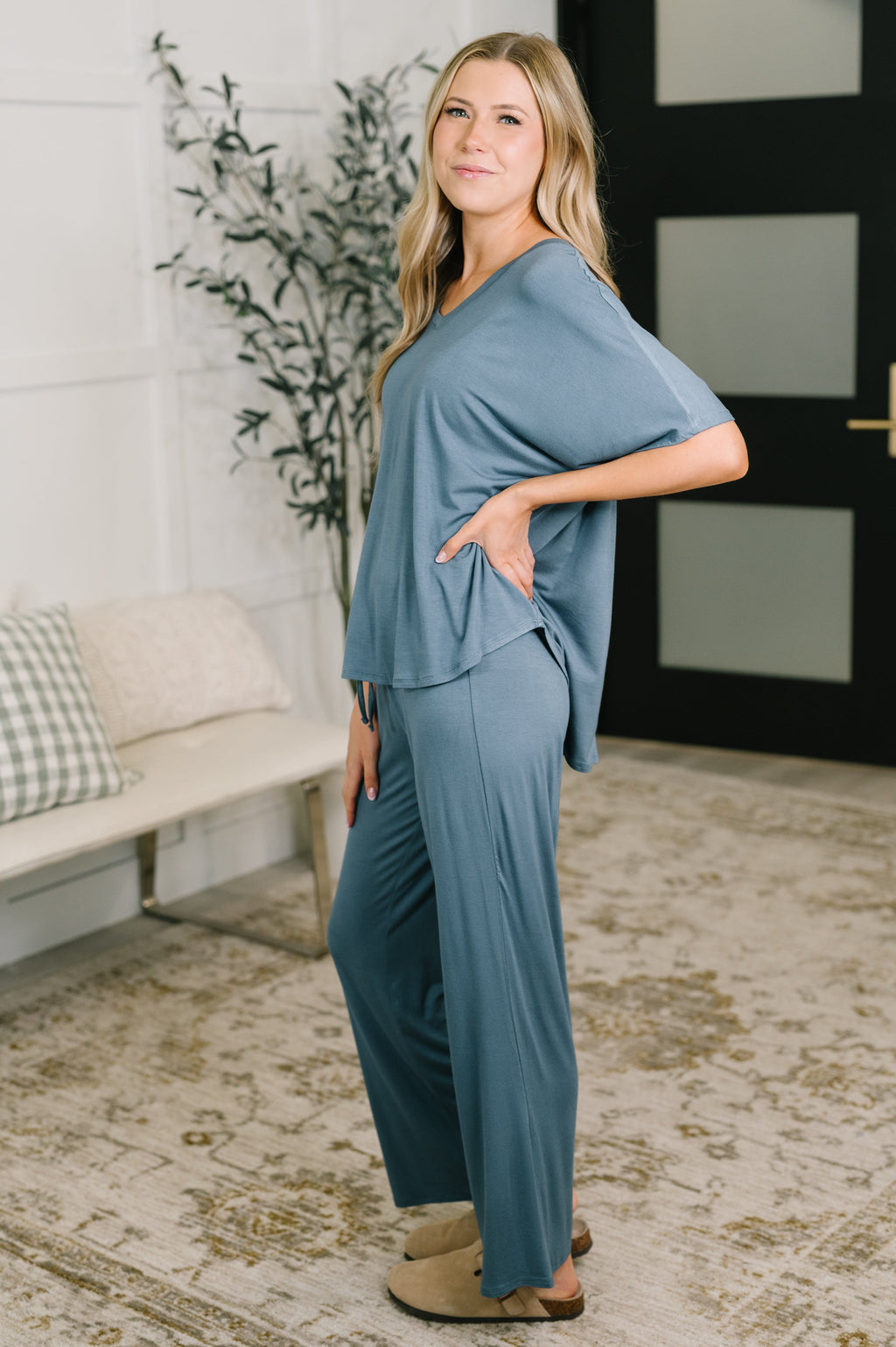 Ol' Reliable Top and Bottom Lounge Set in Dusty Blue in - Womens photo