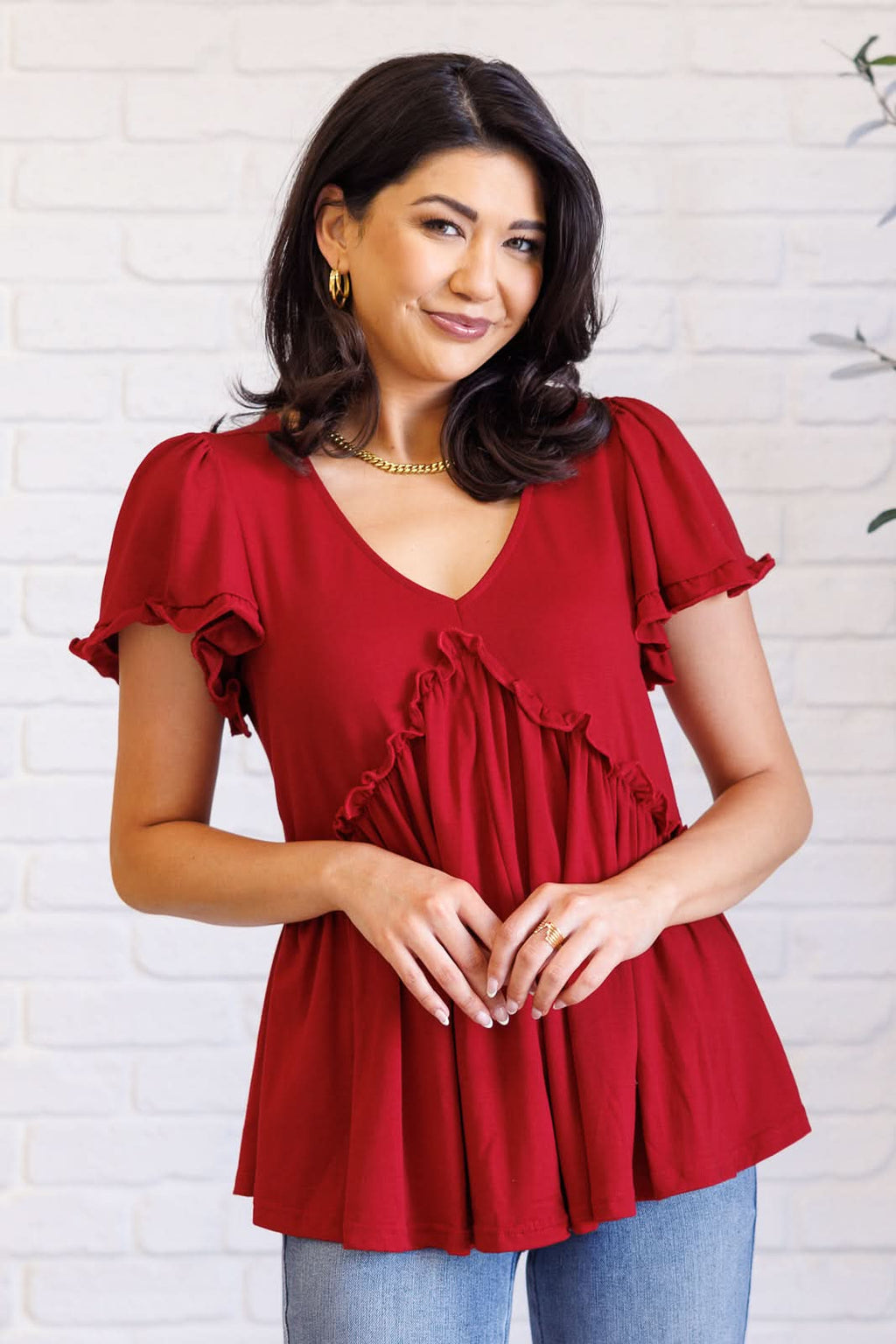 One Day Soon V-Neck Ruffle Detail Top in - Tops photo