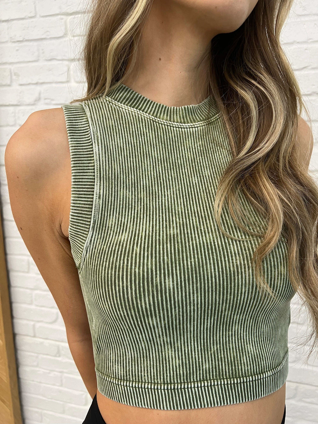 Over and Out Cropped Ribbed Tank in Ash Olive - SwagglyLife Home & Fashion