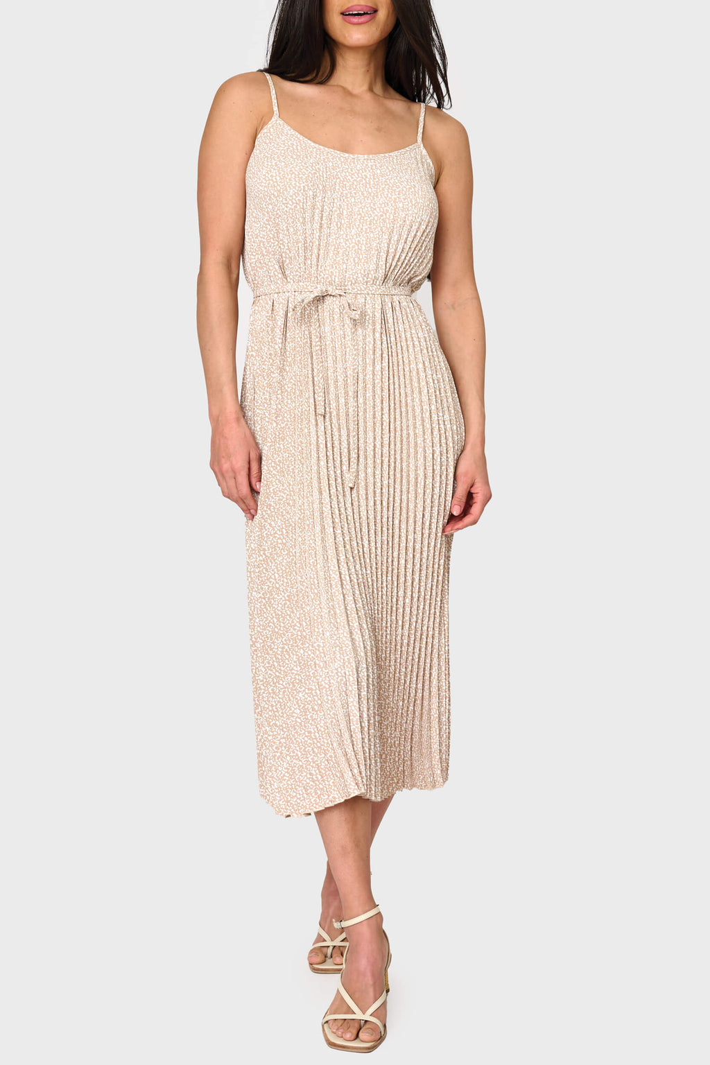 Adjustable Strap Pleated Midi Dress with Belt in Latte Animal Dot - 50, DRESSES, 503, SALE photo