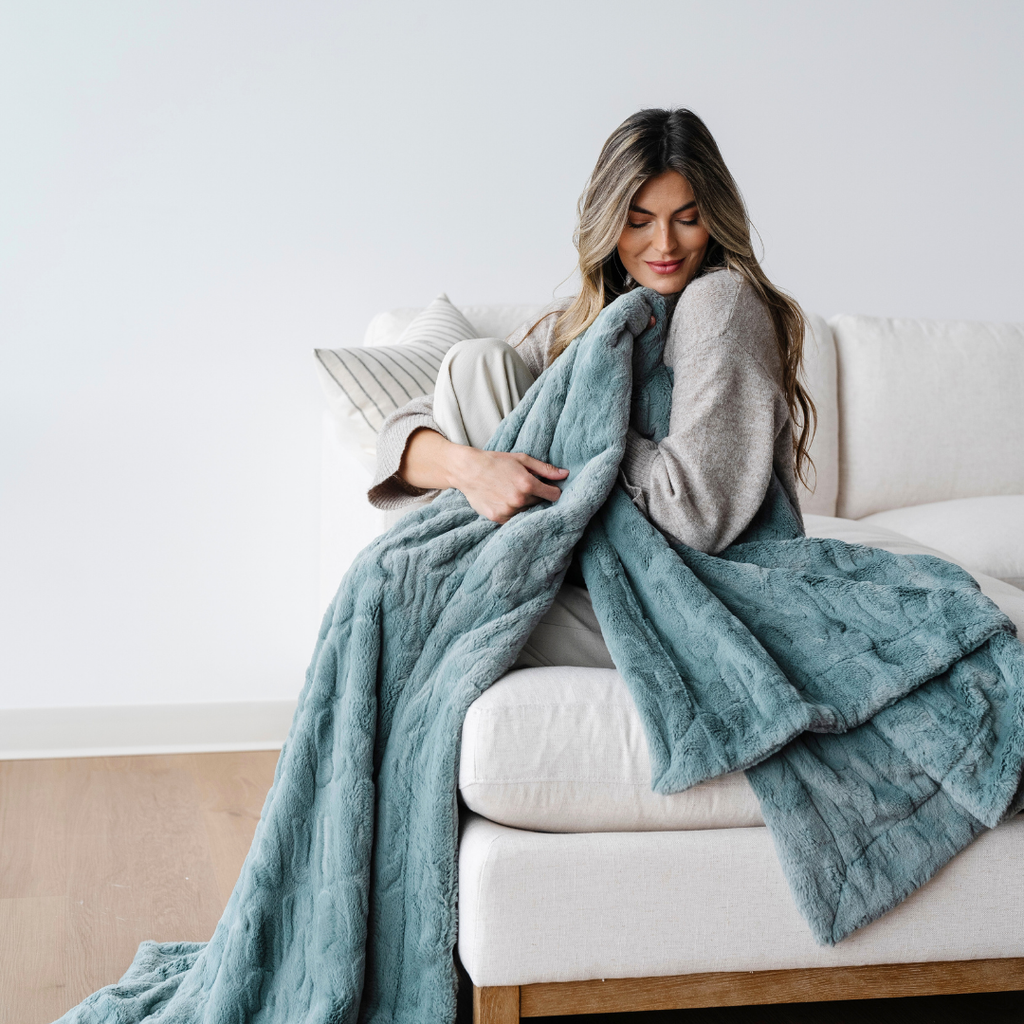 PATTERNED FAUX FUR XL THROW BLANKETS in Eucalyptus - photo