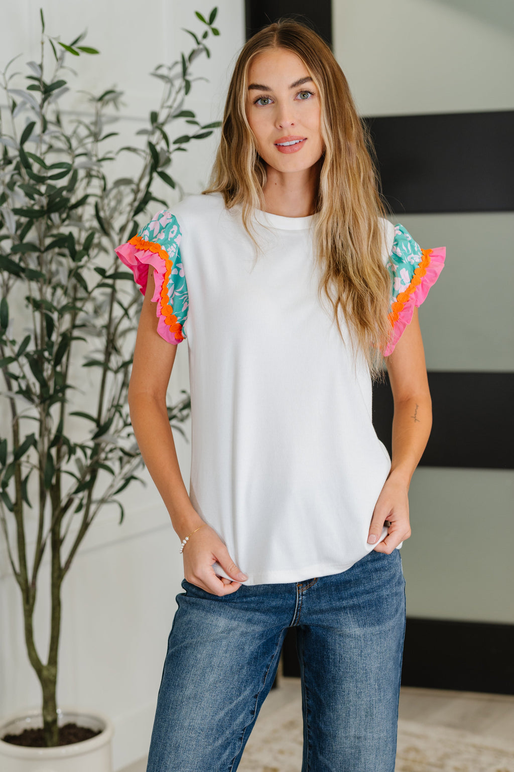 Petals & Poise Floral Flutter Sleeve Top in White in - Womens photo