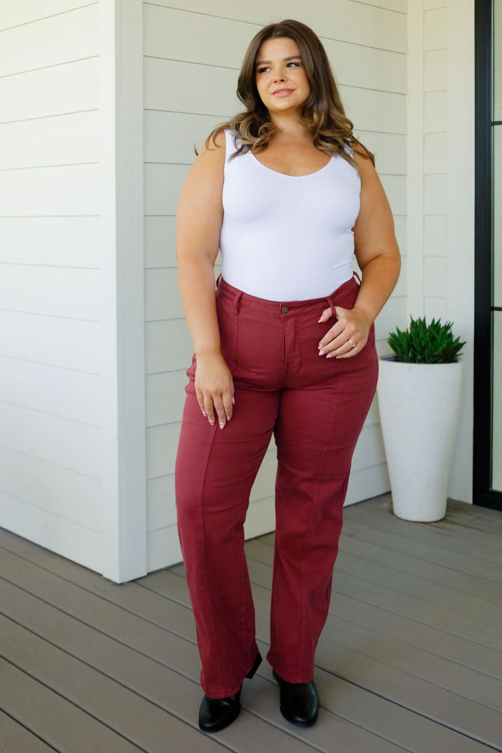 Phoebe High Rise Front Seam Straight Jeans in Burgundy in - Denim photo