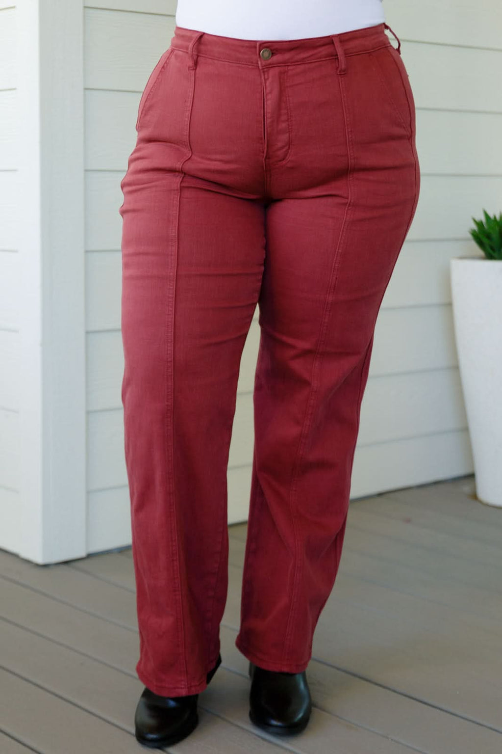 Phoebe High Rise Front Seam Straight Jeans in Burgundy in - Denim photo