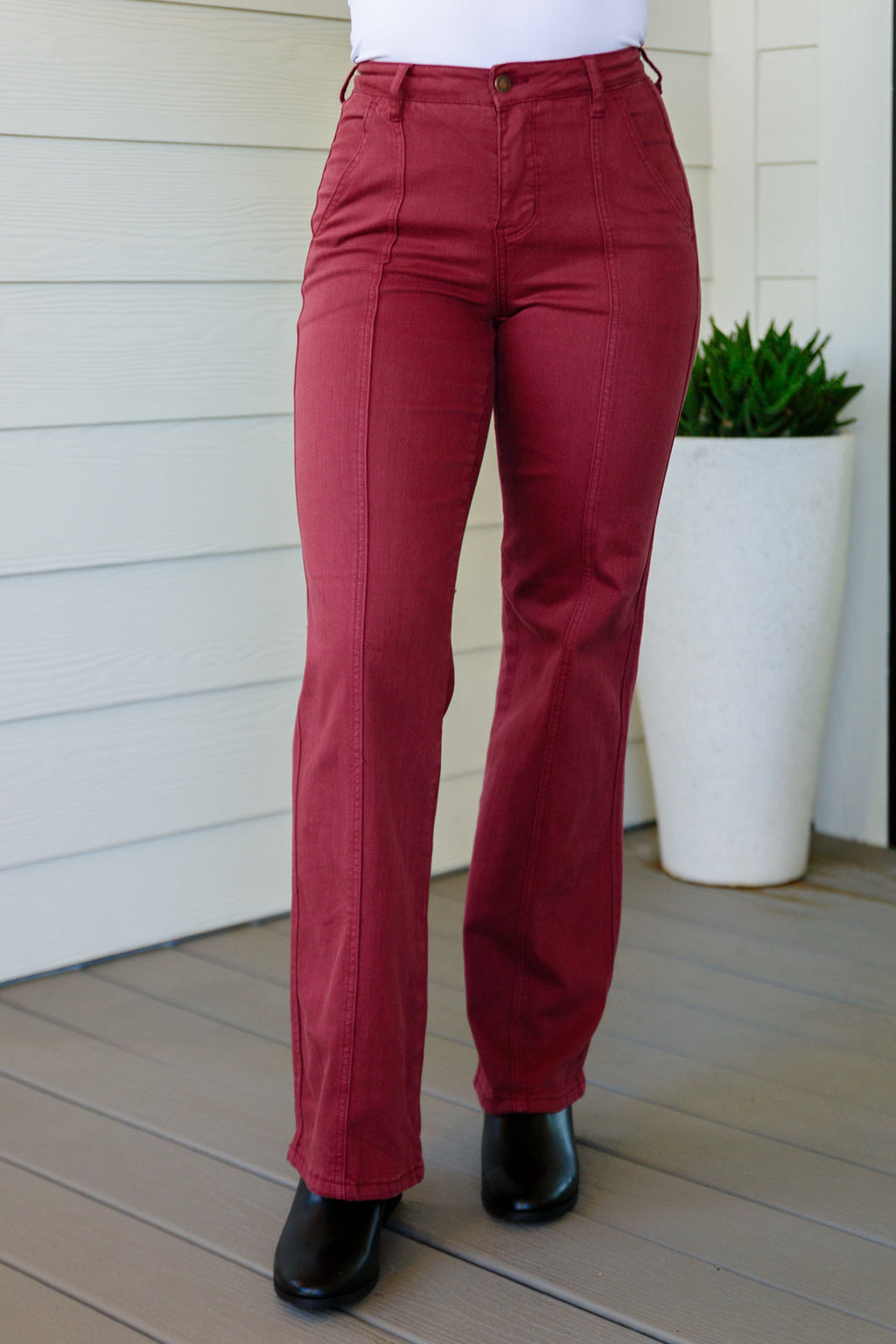 Phoebe High Rise Front Seam Straight Jeans in Burgundy - SwagglyLife Home & Fashion