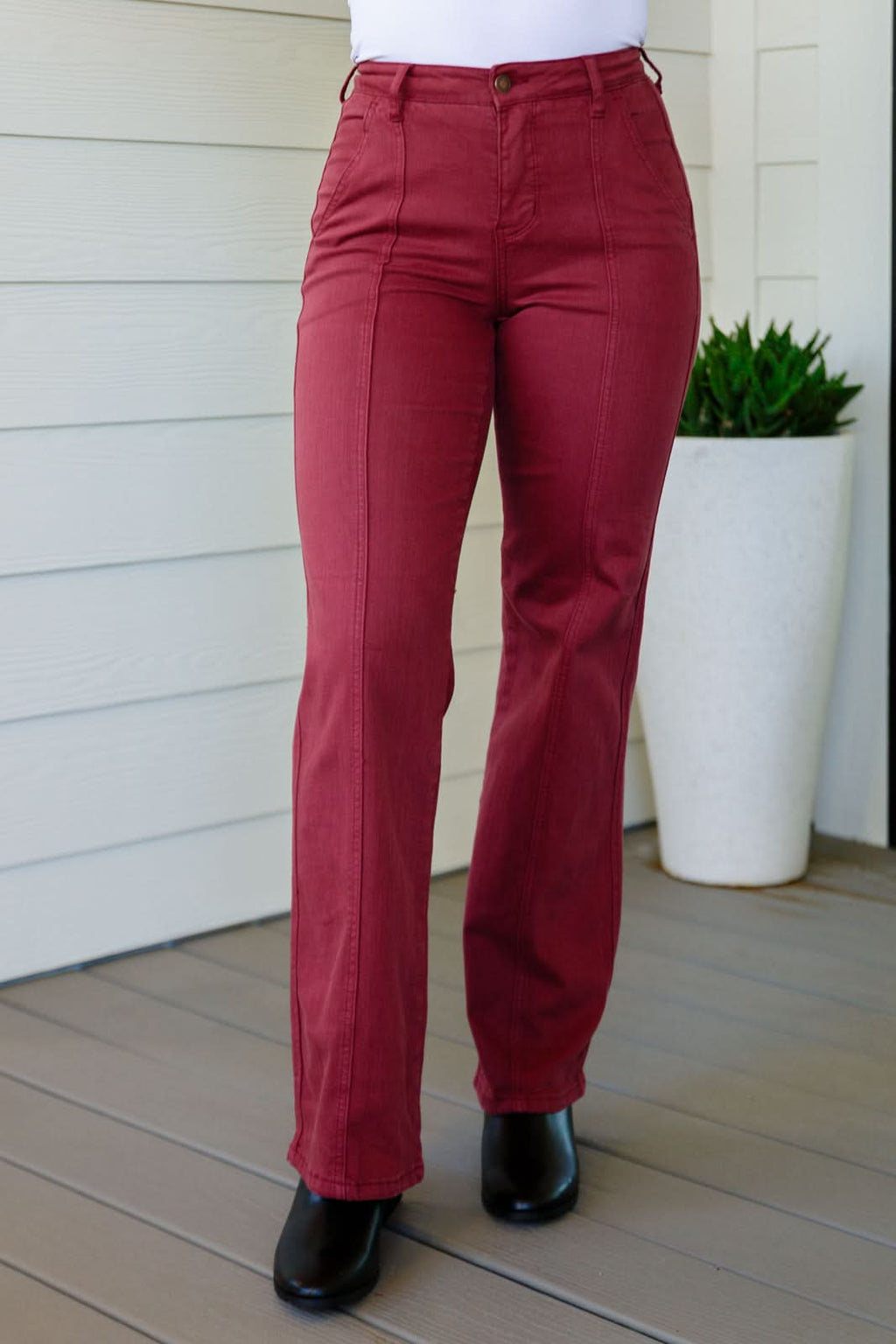 Phoebe High Rise Front Seam Straight Jeans in Burgundy in - Denim photo