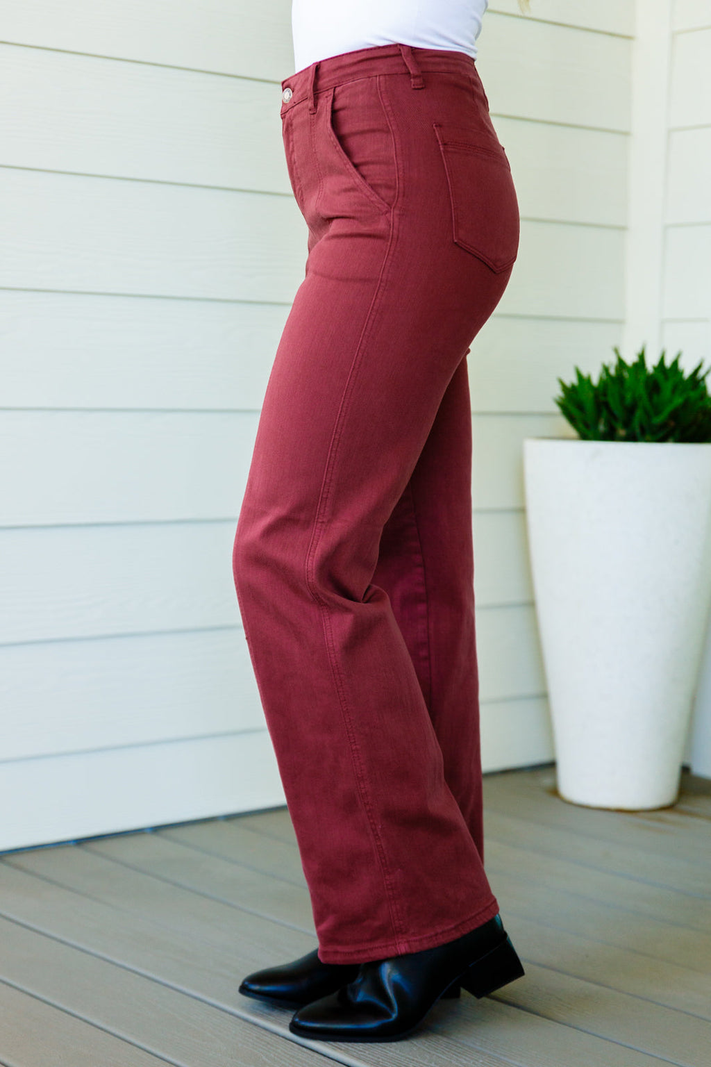 Phoebe High Rise Front Seam Straight Jeans in Burgundy - SwagglyLife Home & Fashion