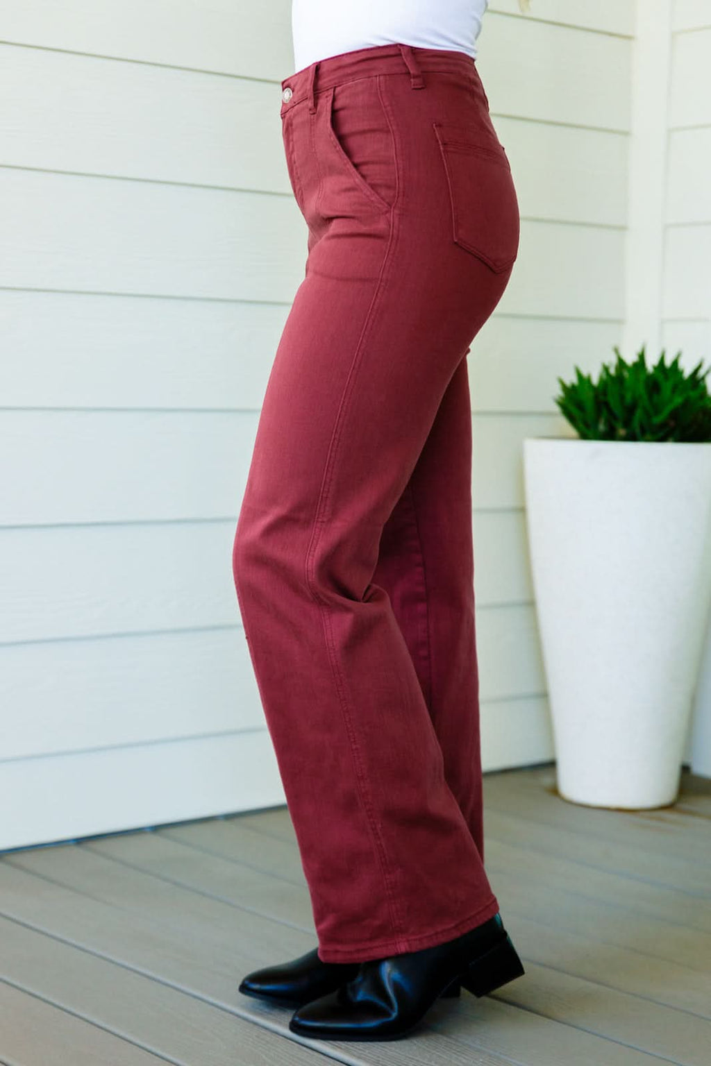 Phoebe High Rise Front Seam Straight Jeans in Burgundy in - Denim photo
