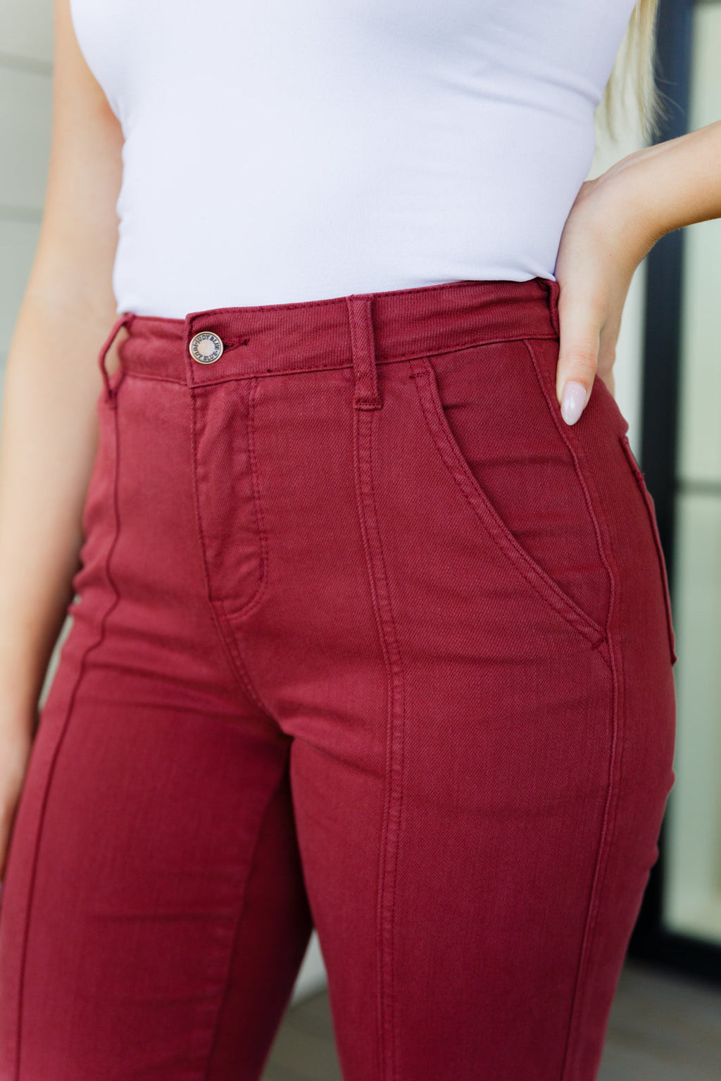 Phoebe High Rise Front Seam Straight Jeans in Burgundy - SwagglyLife Home & Fashion