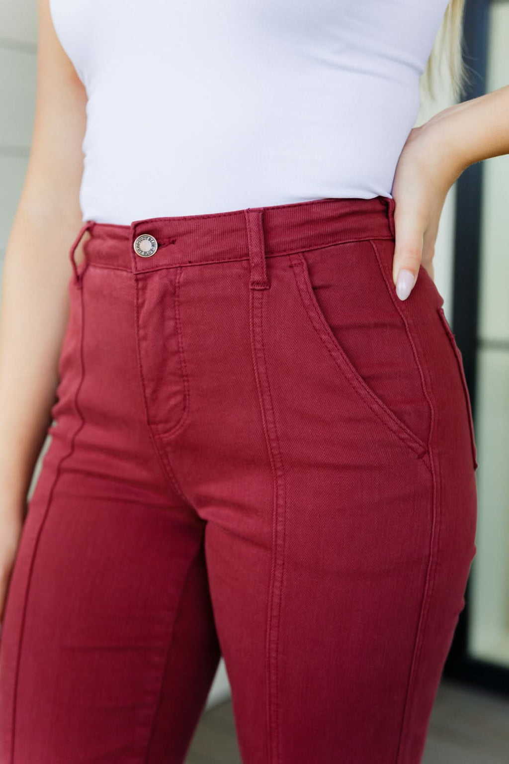 Phoebe High Rise Front Seam Straight Jeans in Burgundy in - Denim photo