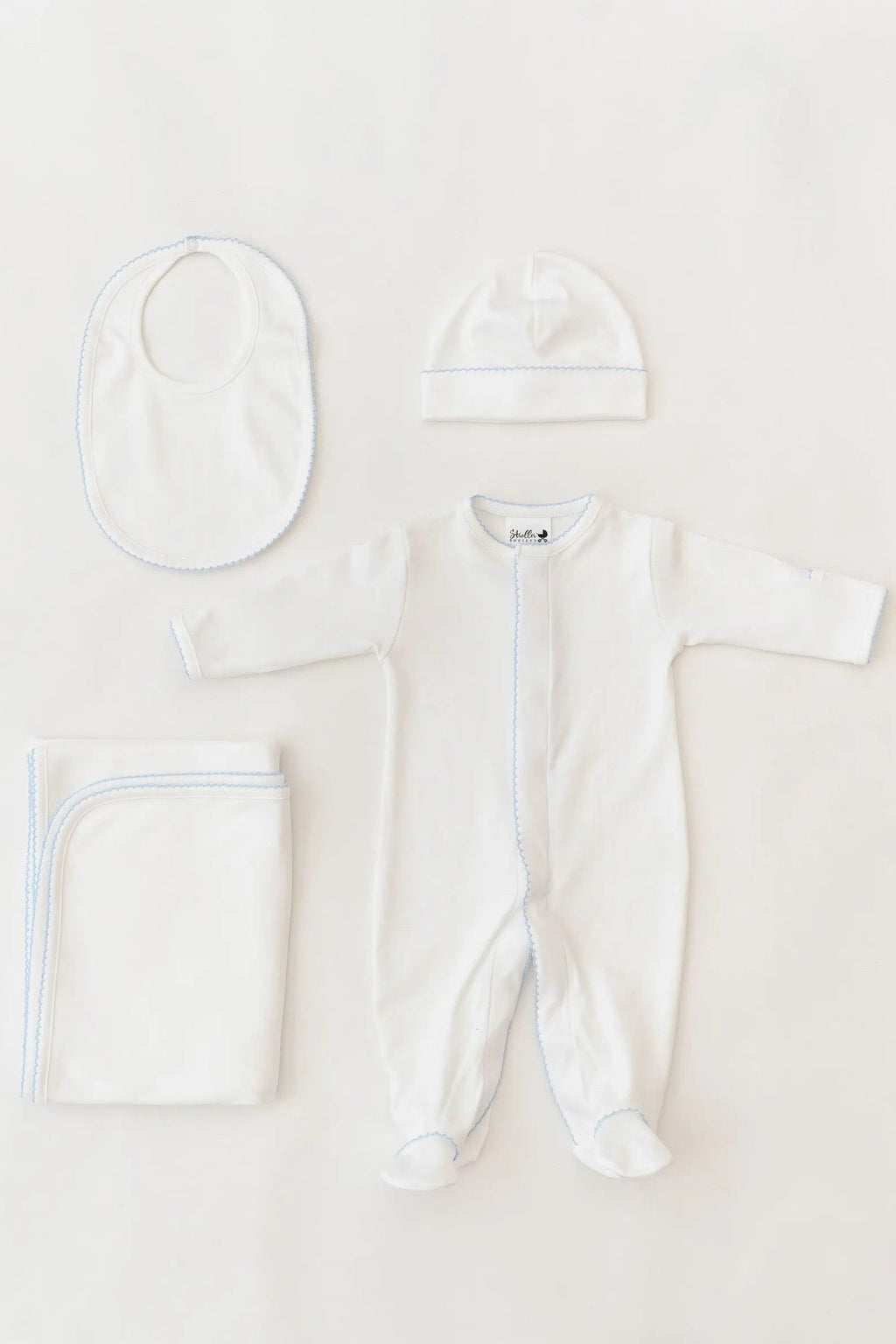 Stroller Society Premium Pima Cotton Newborn Set in White Baby Blue Trim NB - Onesies photo