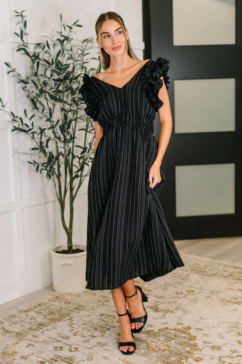 Pinstripe Romance V-Neck Ruffle Sleeve Dress in Black in - Womens photo