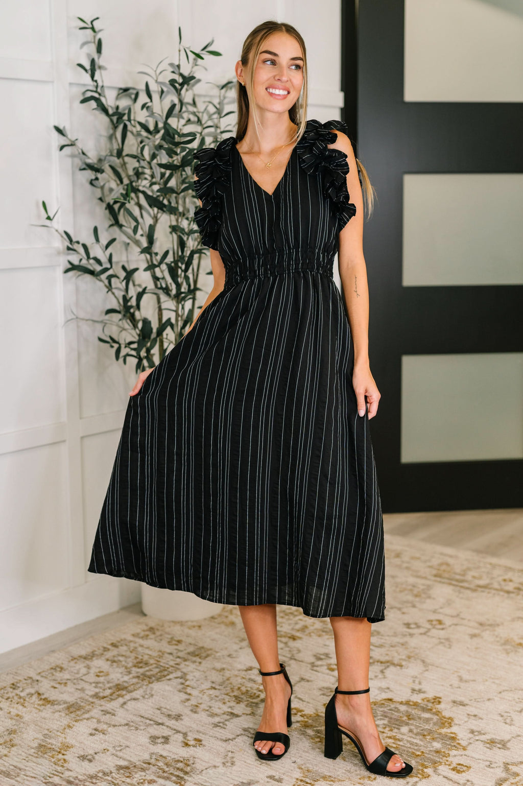 Pinstripe Romance V-Neck Ruffle Sleeve Dress in Black in - Womens photo