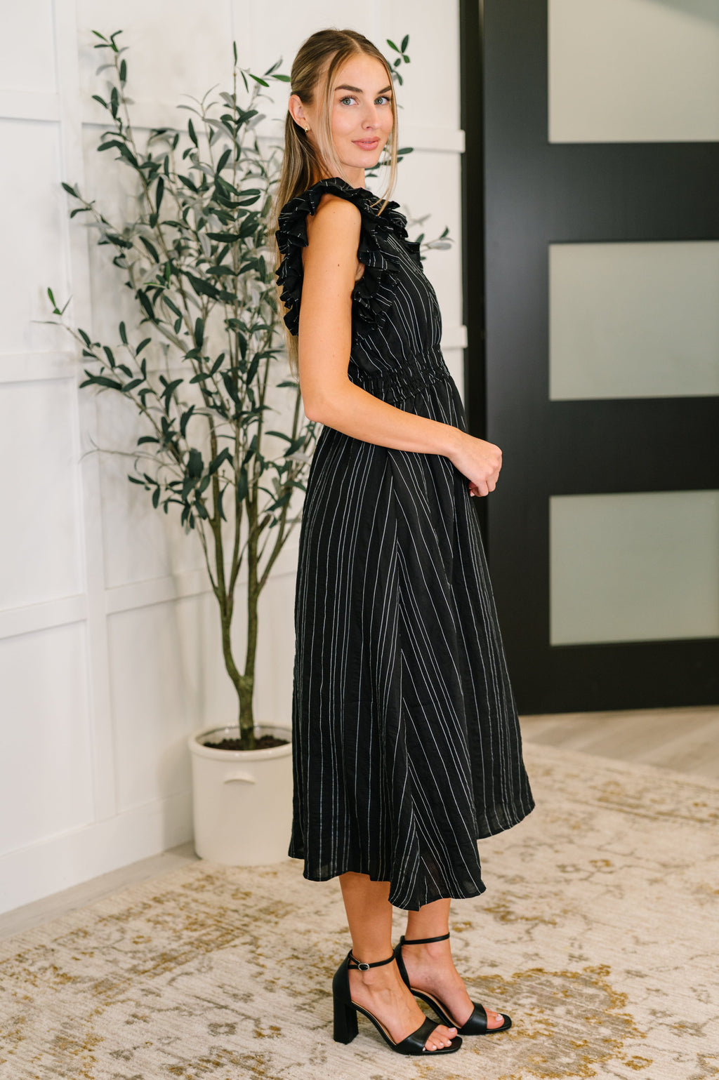 Pinstripe Romance V-Neck Ruffle Sleeve Dress in Black in - Womens photo