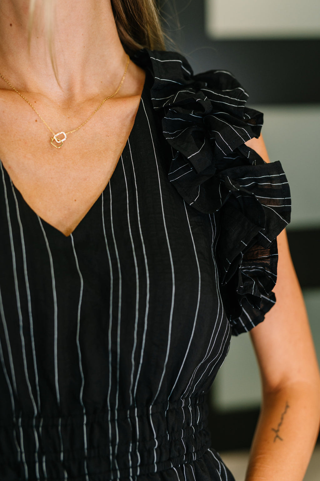Pinstripe Romance V-Neck Ruffle Sleeve Dress in Black in - Womens photo