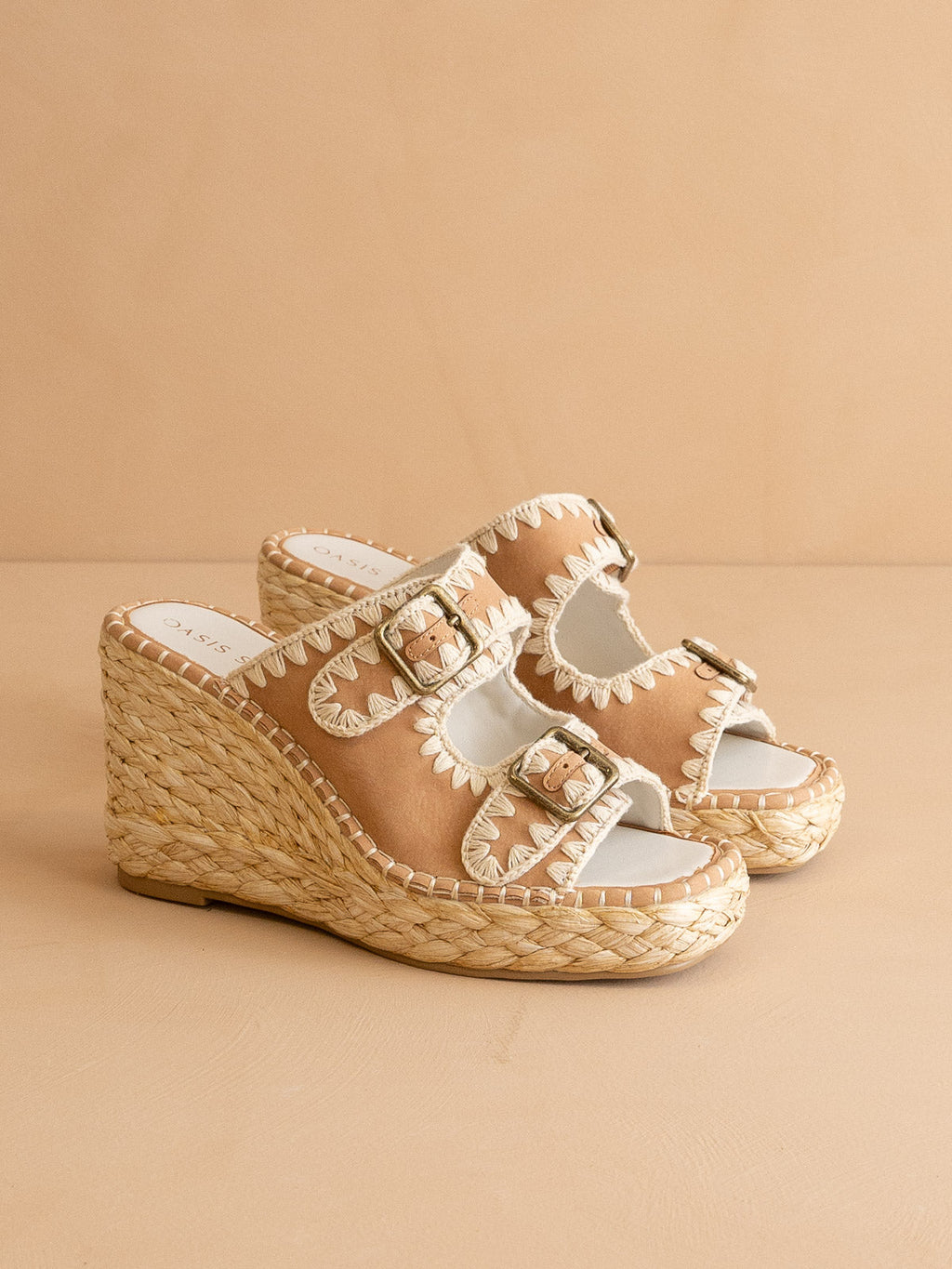 The Rae | Camel Embroidered Espadrille Wedges With Double Buckle Straps in - WEDGE photo