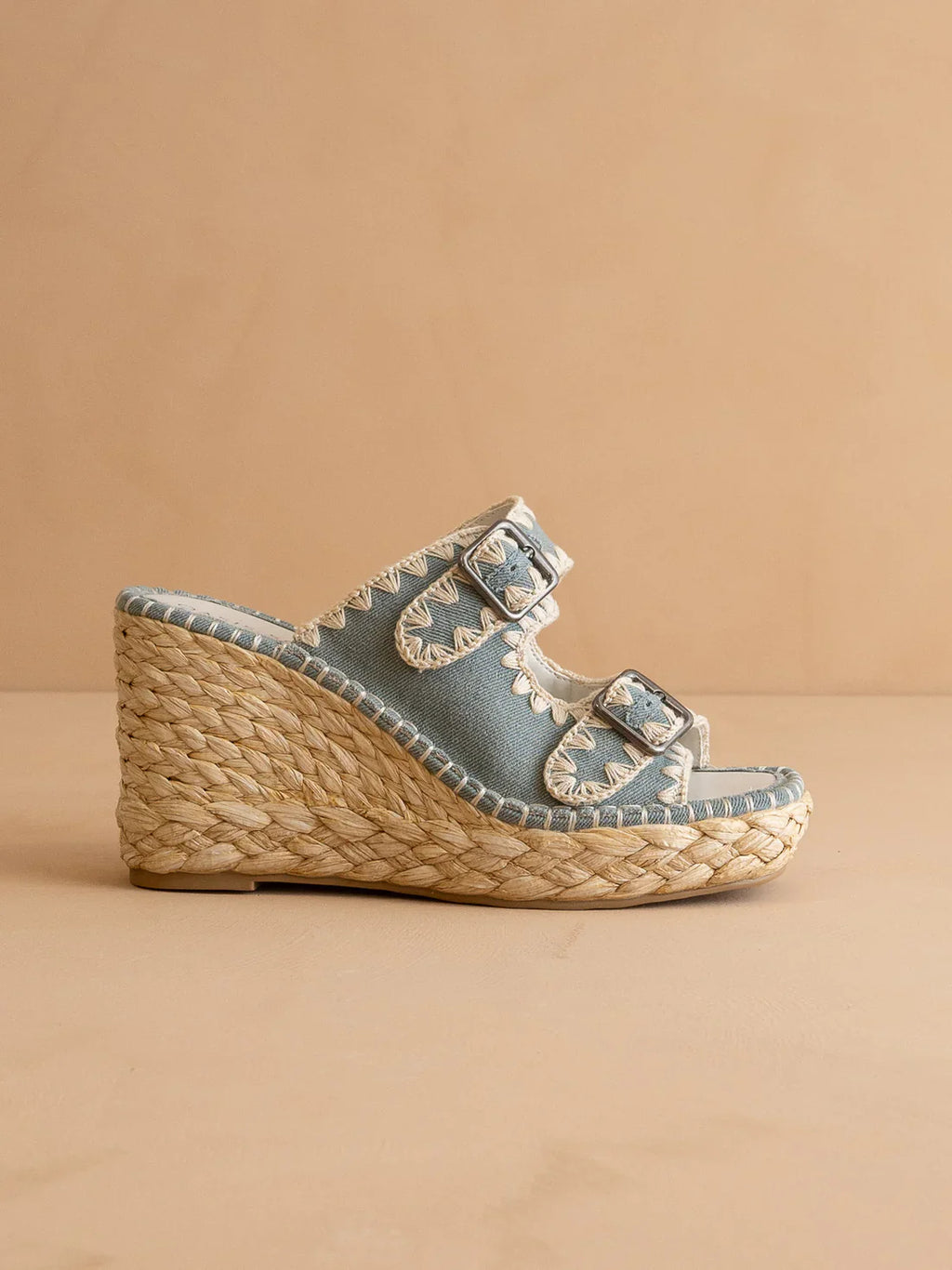 The Rae | Slate Blue Embroidered Espadrille Wedges With Double Buckle Straps in - WEDGE photo