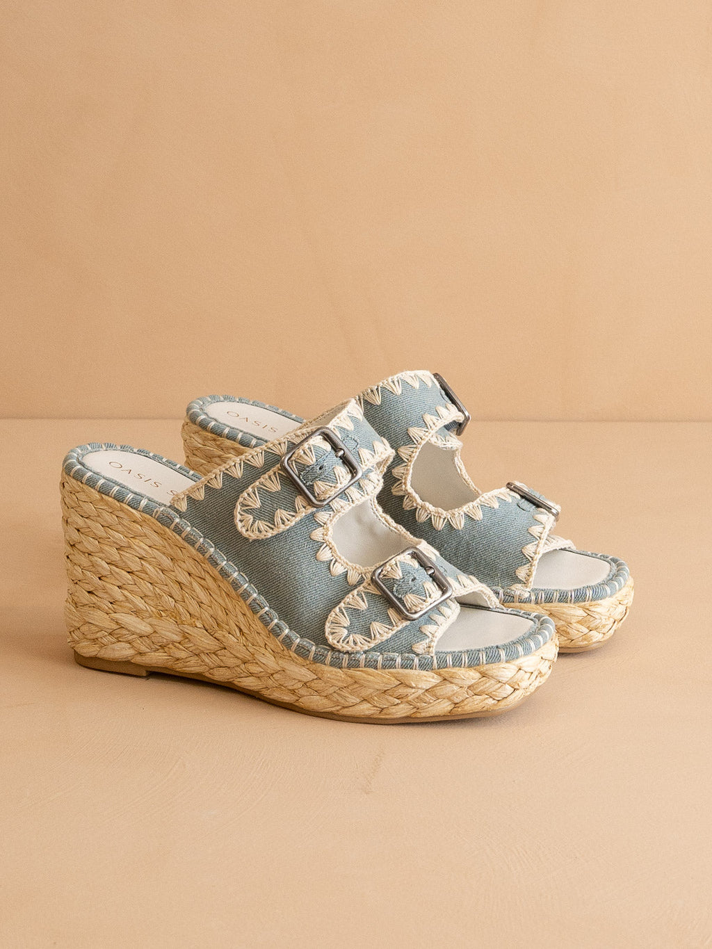The Rae | Slate Blue Embroidered Espadrille Wedges With Double Buckle Straps in - WEDGE photo