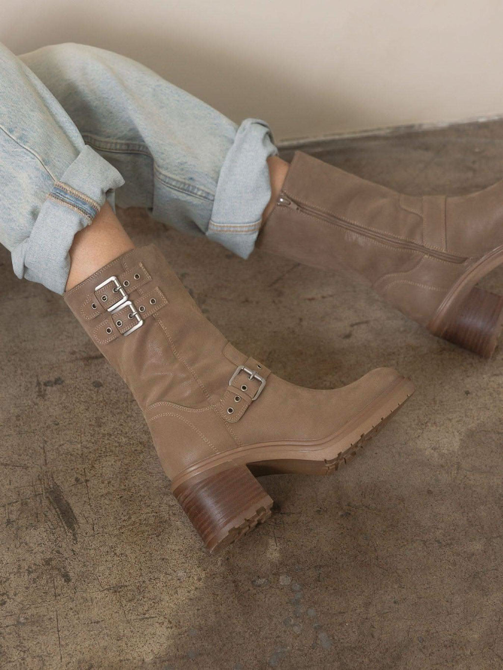 The Rider | Dark Taupe Mid-Calf Moto Boot in Dark Taupe - BOOTS & BOOTIES photo