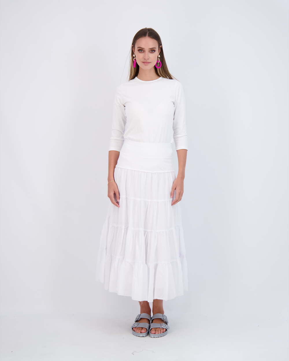 Ladies Tiered Maxi Gauze Skirt in White - Ladies Skirt photo