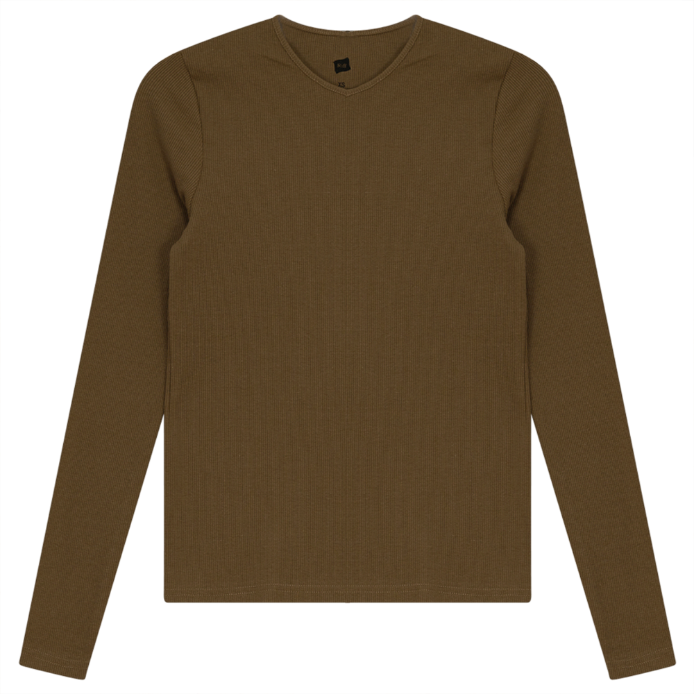 V-Neck Ribbed Tee in Light Taupe - Ladies Pullover photo