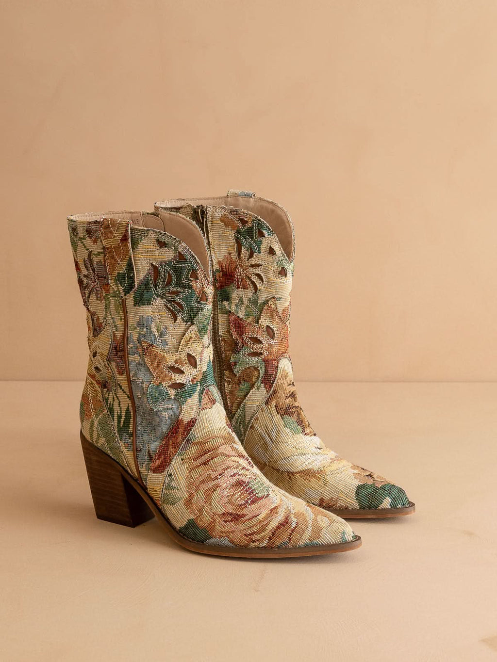 The Sorrel | Vintage Floral Tapestry Print Western Cowgirl Bootie in Floral Tapestry - BOOTS & BOOTIES photo