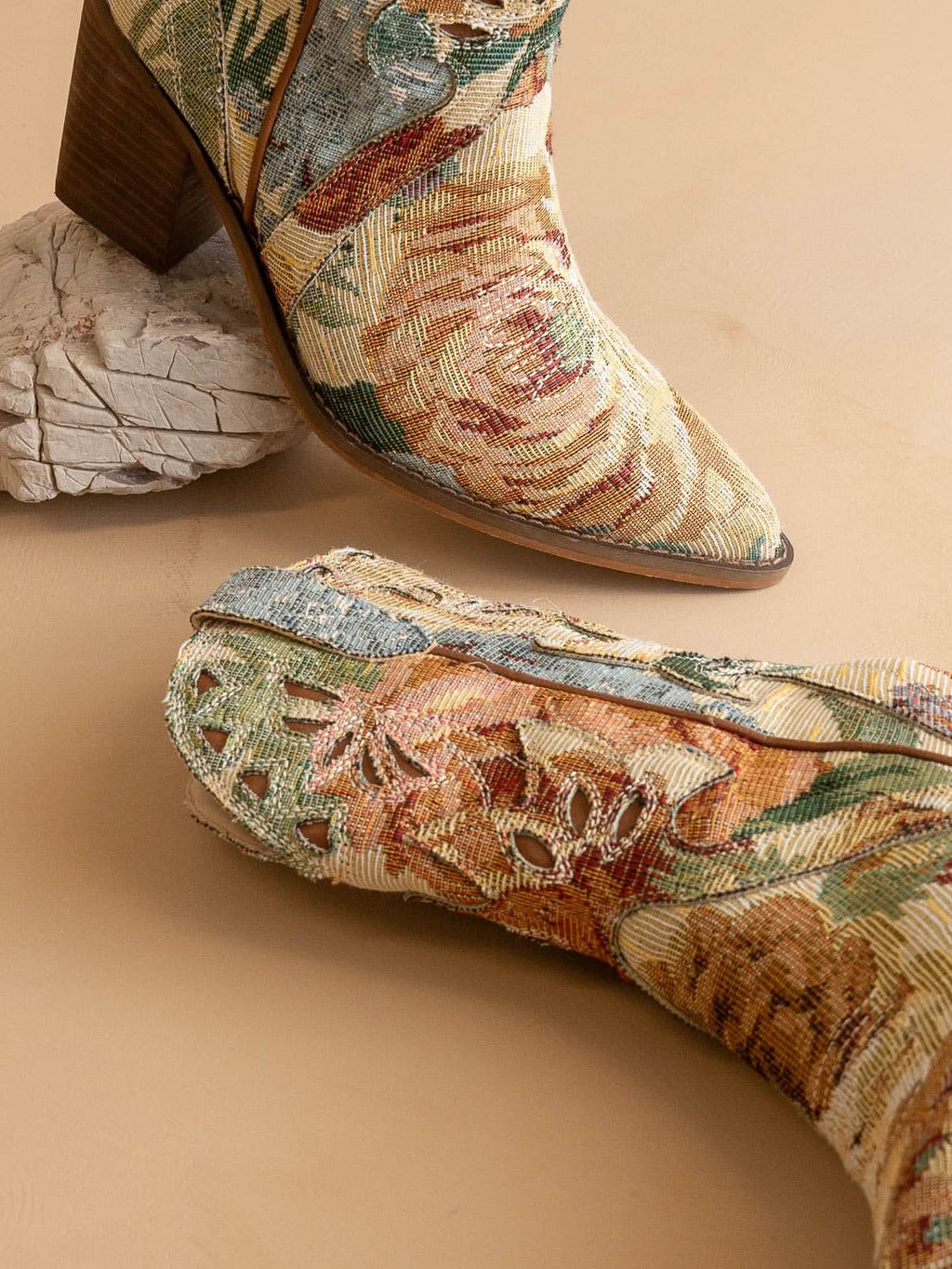 The Sorrel | Vintage Floral Tapestry Print Western Cowgirl Bootie in Floral Tapestry - BOOTS & BOOTIES photo