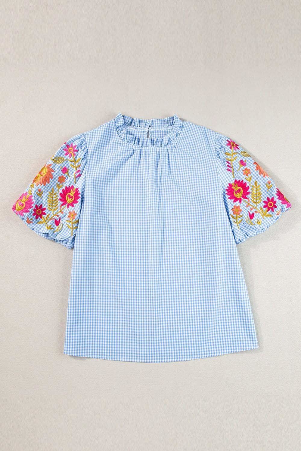 Claire Embroidered Plaid Round Neck Short Sleeve Blouse - SwagglyLife Home & Fashion