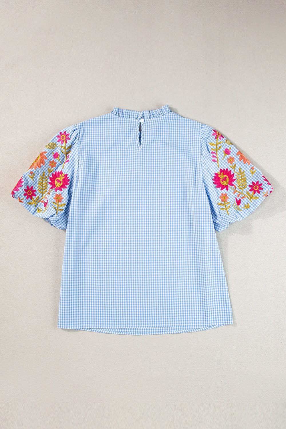 Claire Embroidered Plaid Round Neck Short Sleeve Blouse - SwagglyLife Home & Fashion