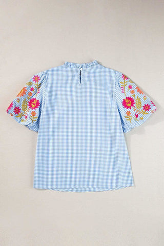 Claire Embroidered Plaid Round Neck Short Sleeve Blouse - SwagglyLife Home & Fashion Claire Embroidered Plaid Round Neck Short Sleeve Blouse - SwagglyLife Home & Fashion