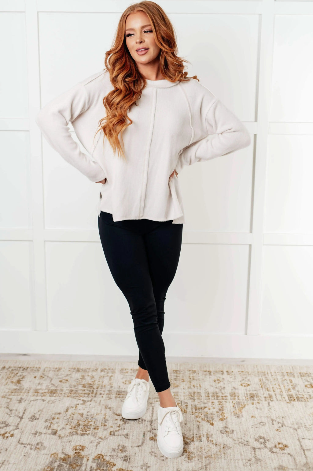 Simple Silhouette Brushed Hacci Sweater in Sand Beige in - Tops photo