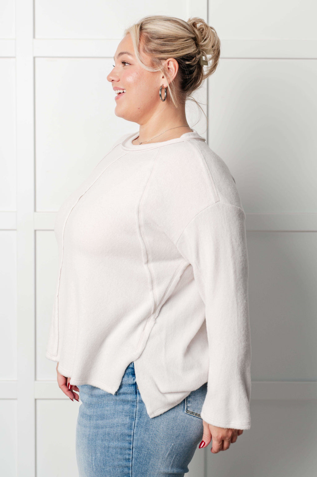 Simple Silhouette Brushed Hacci Sweater in Sand Beige in - Tops photo