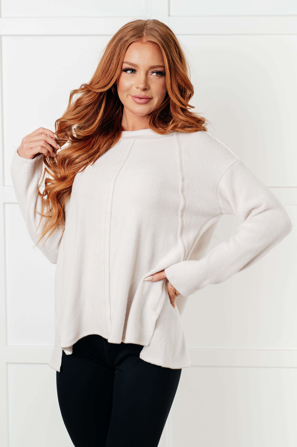 Simple Silhouette Brushed Hacci Sweater in Sand Beige in - Tops photo