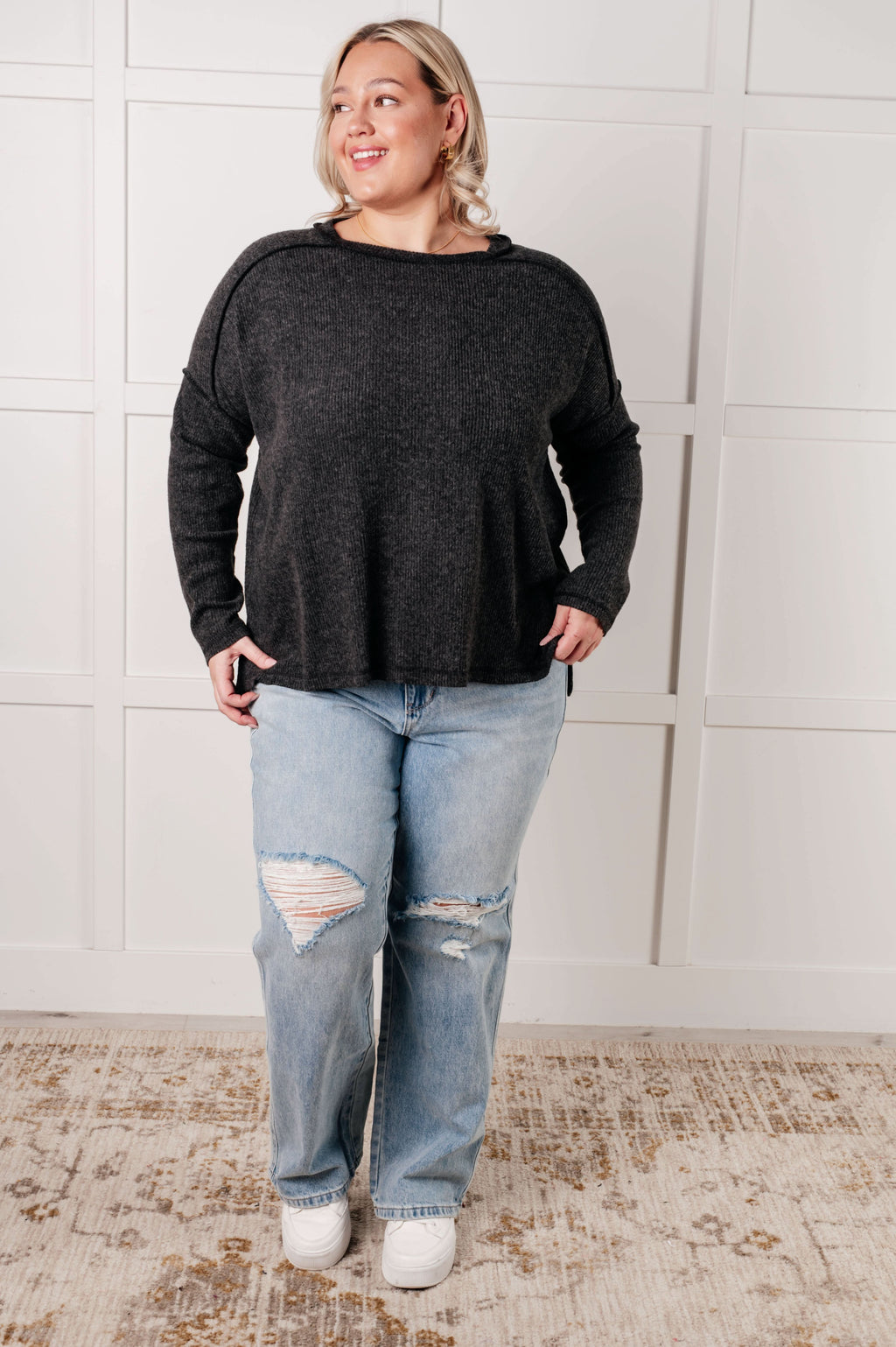 Simply Basic Ribbed Hacci Sweater in Black in - Tops photo