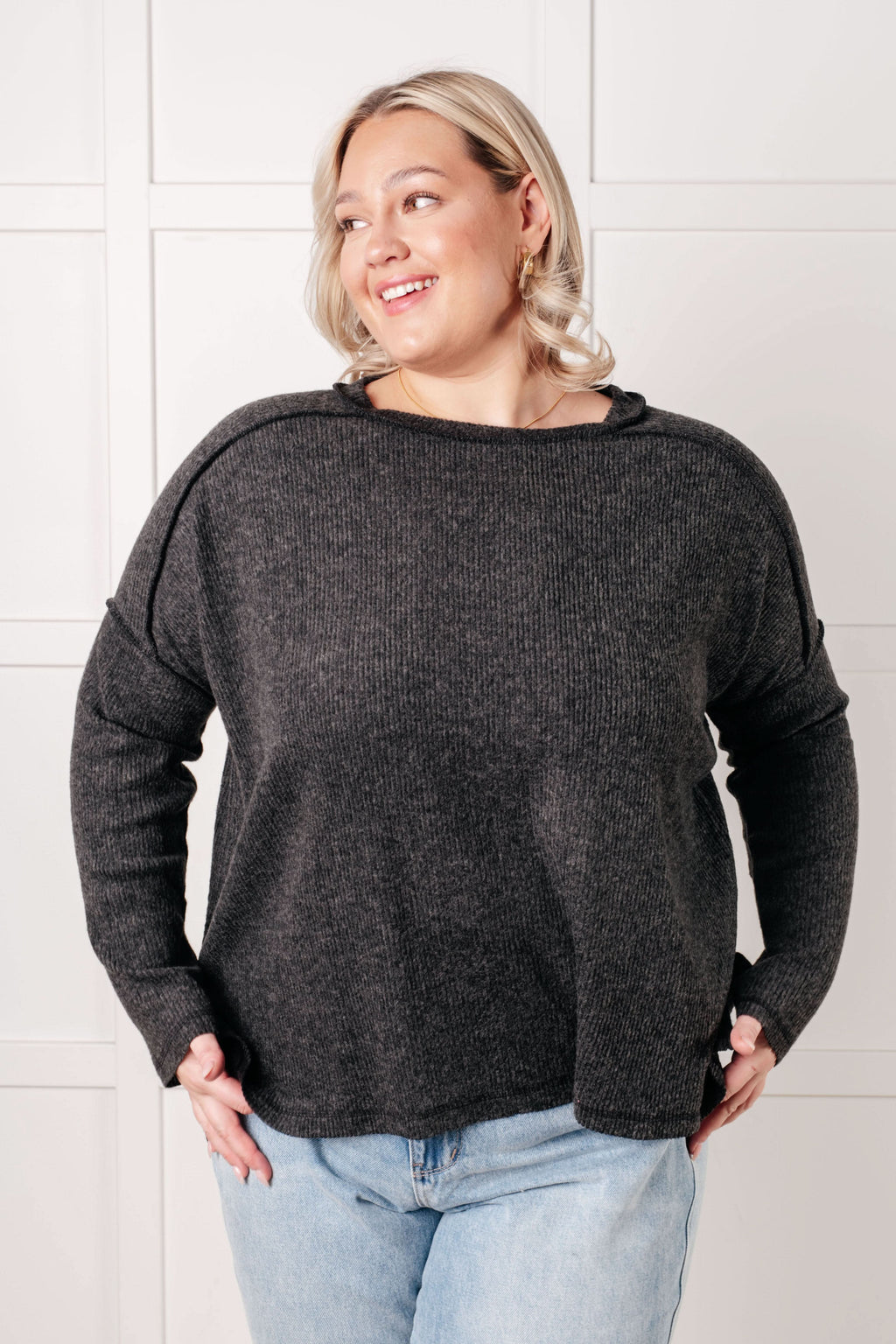 Simply Basic Ribbed Hacci Sweater in Black in - Tops photo