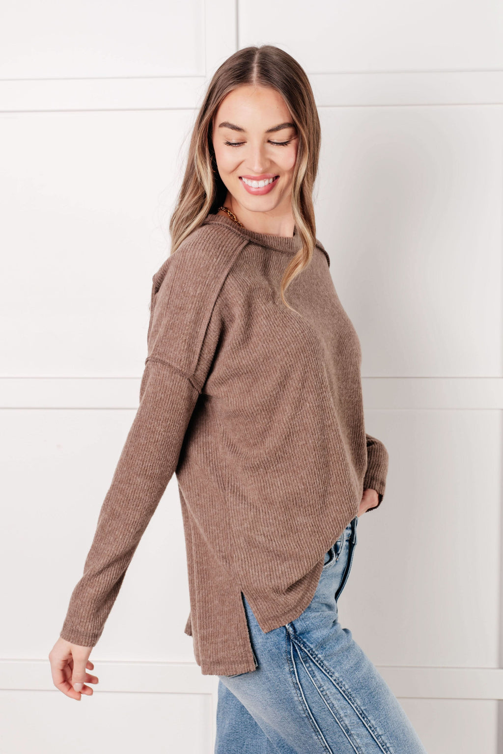 Simply Basic Ribbed Hacci Sweater in Mocha in - Tops photo