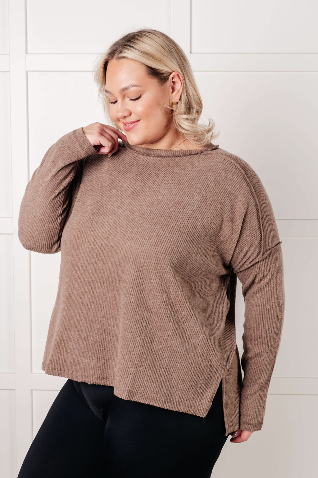 Simply Basic Ribbed Hacci Sweater in Mocha in - Tops photo