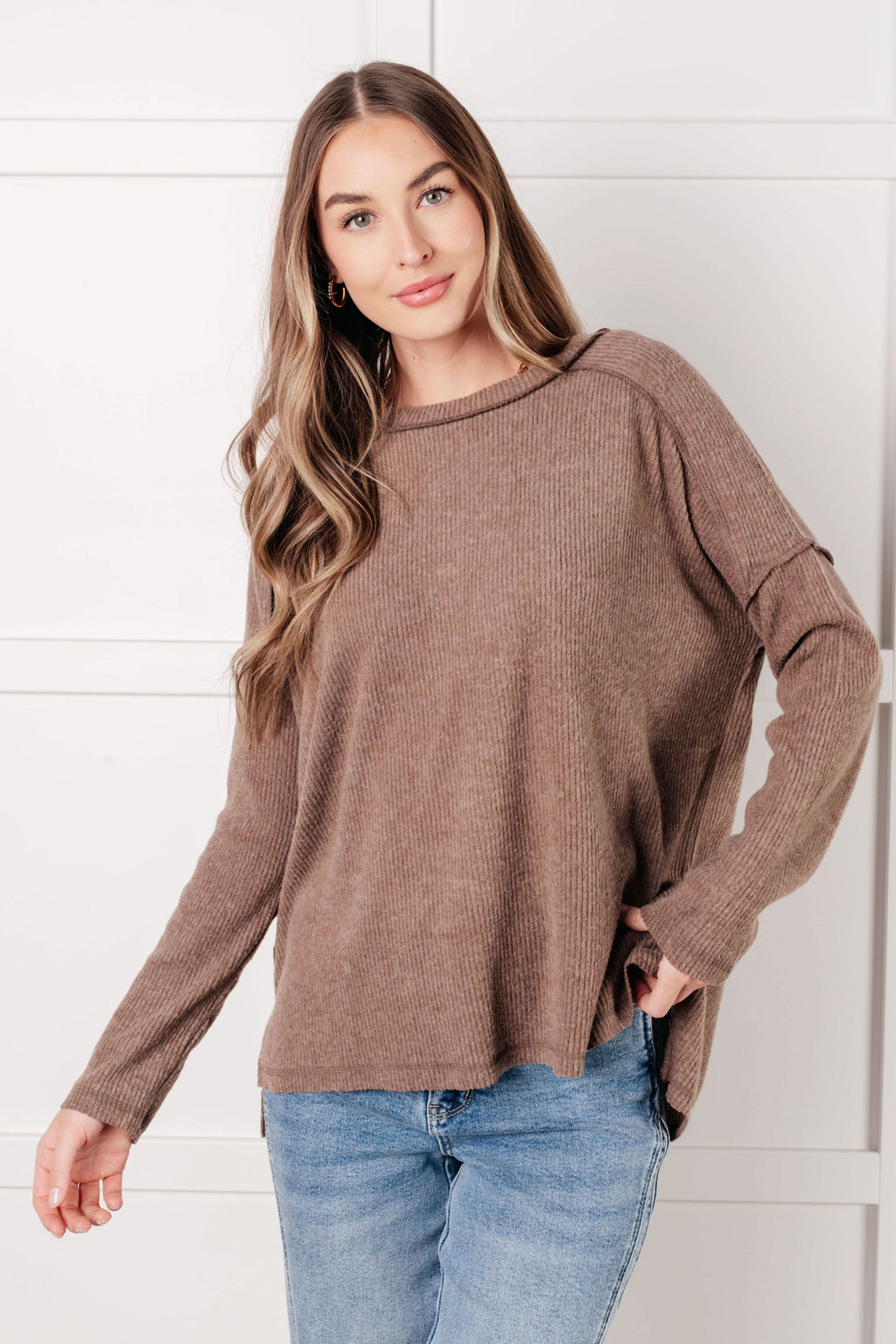 Simply Basic Ribbed Hacci Sweater in Mocha in - Tops photo