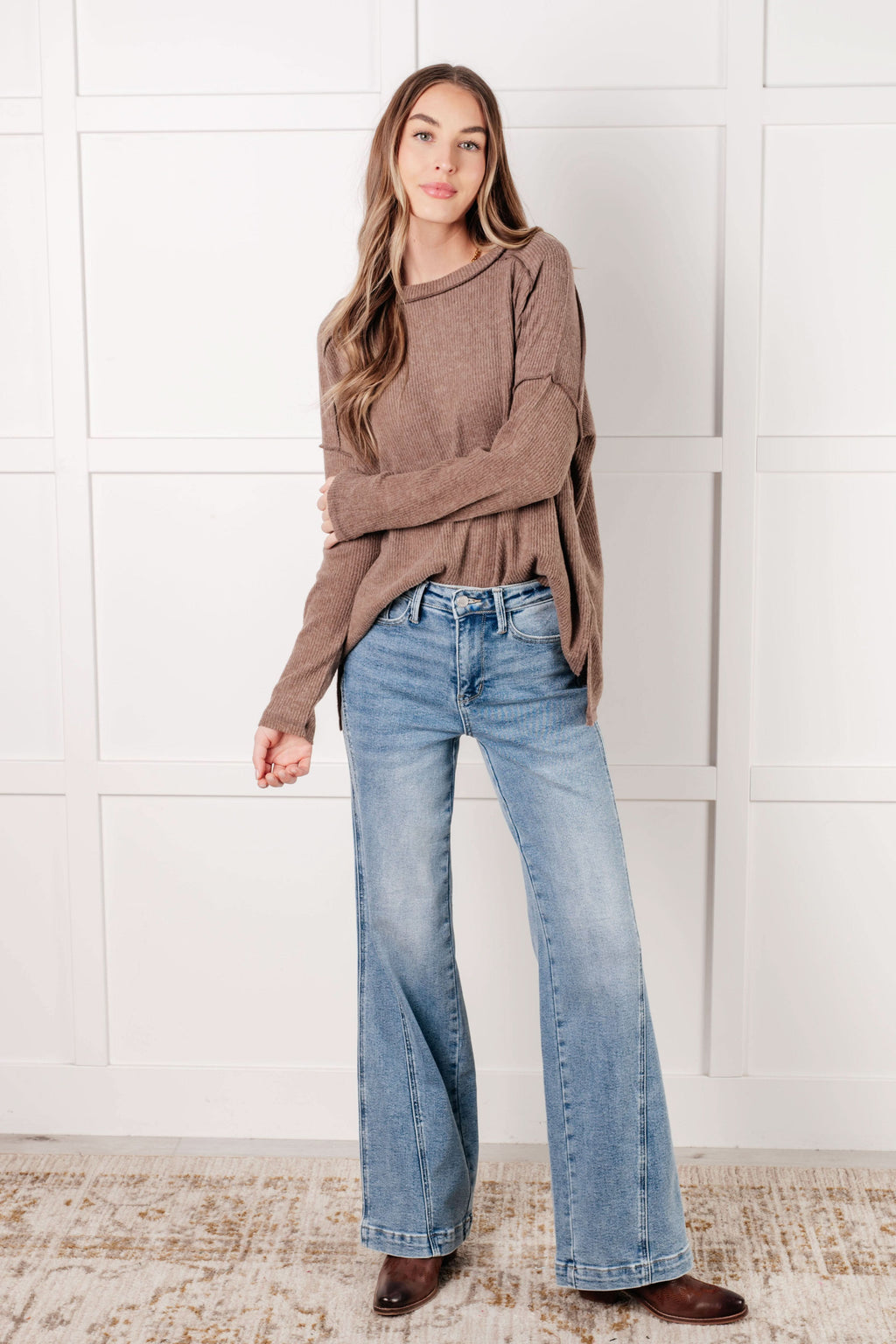 Simply Basic Ribbed Hacci Sweater in Mocha in - Tops photo