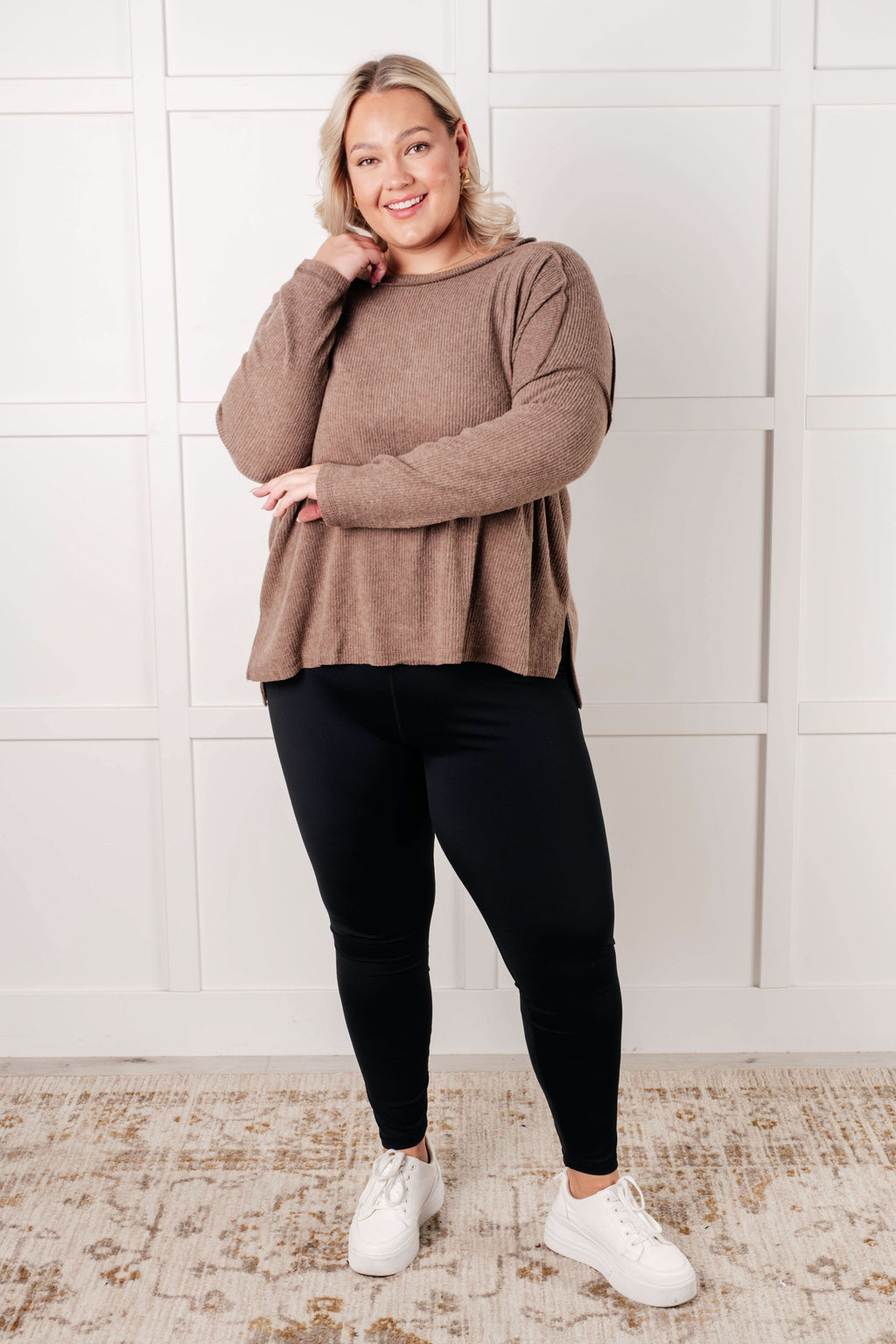 Simply Basic Ribbed Hacci Sweater in Mocha in - Tops photo