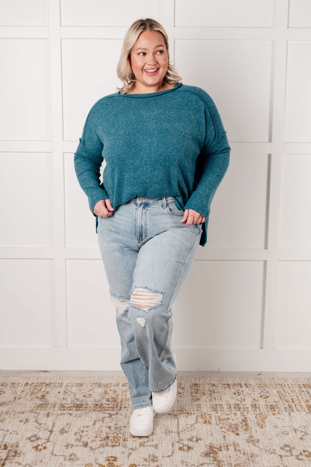 Simply Basic Ribbed Hacci Sweater in Teal in - Tops photo